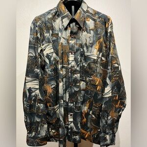 Vintage Yorkers Abstract Art Print Long Sleeve Button Up Shirt - Size L (Men’s)